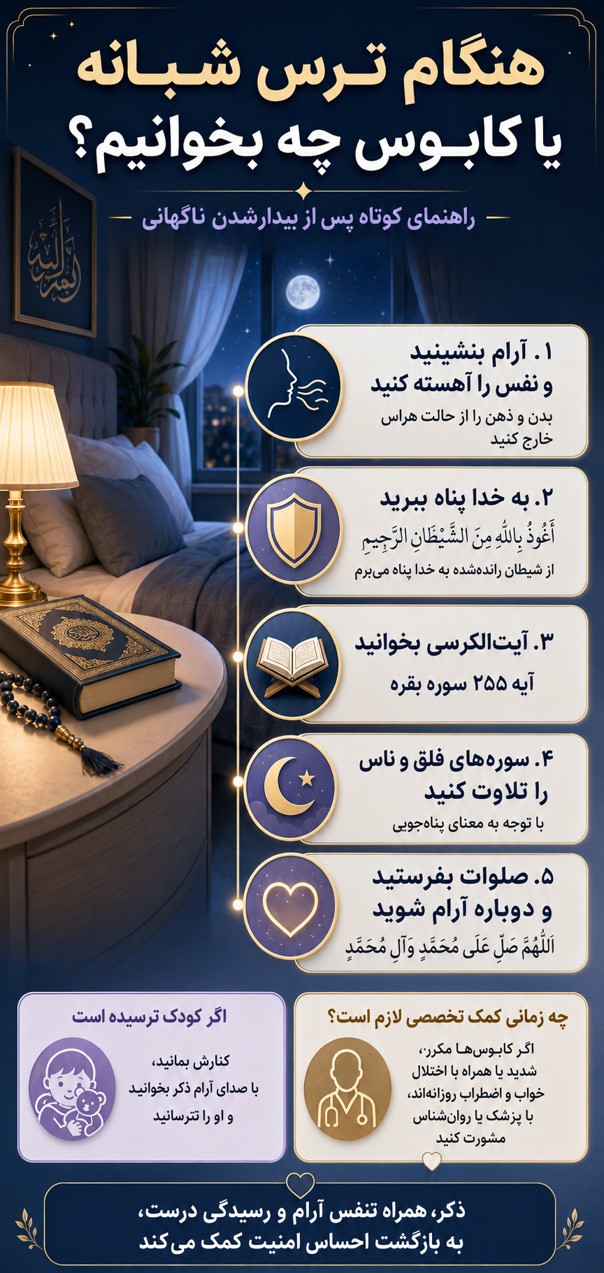هنگام ترس شبانه، کابوس یا بیدارشدن ناگهانی چه بخوانیم؟